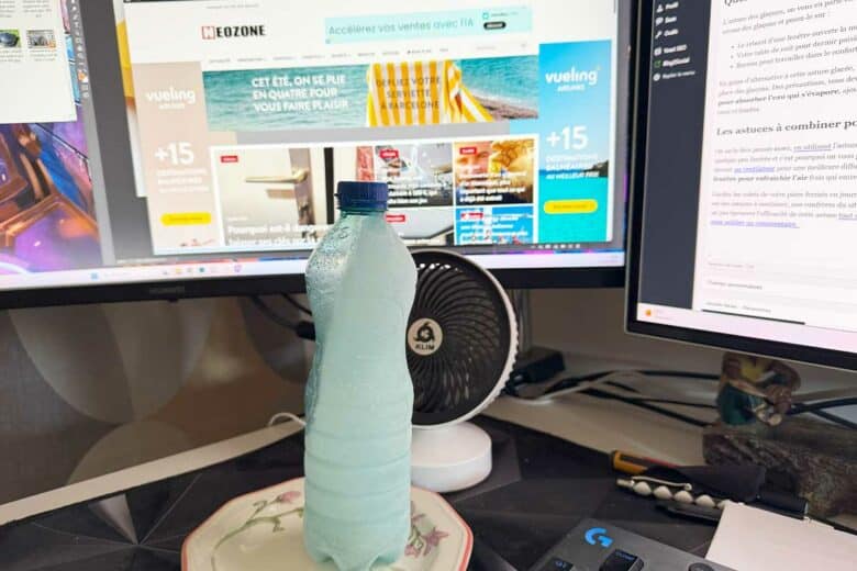 Mon poste de travail lors de grosses chaleurs, un mini ventilateur qui souffle sur une bouteille glacée.