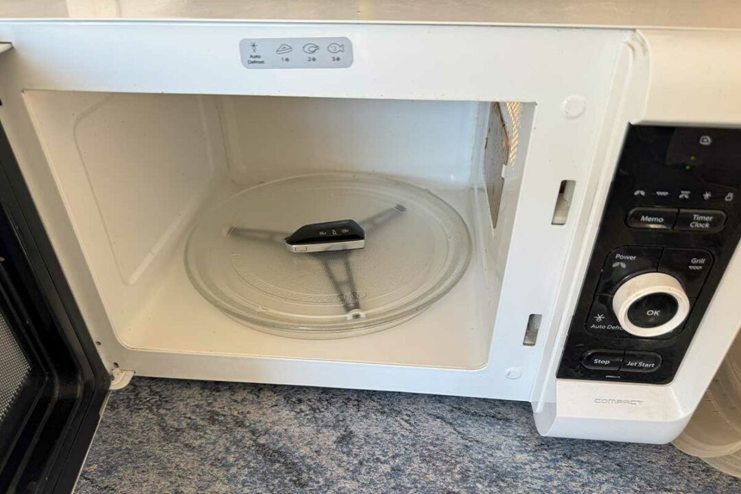 Une clé de voiture électronique dans un micro onde.