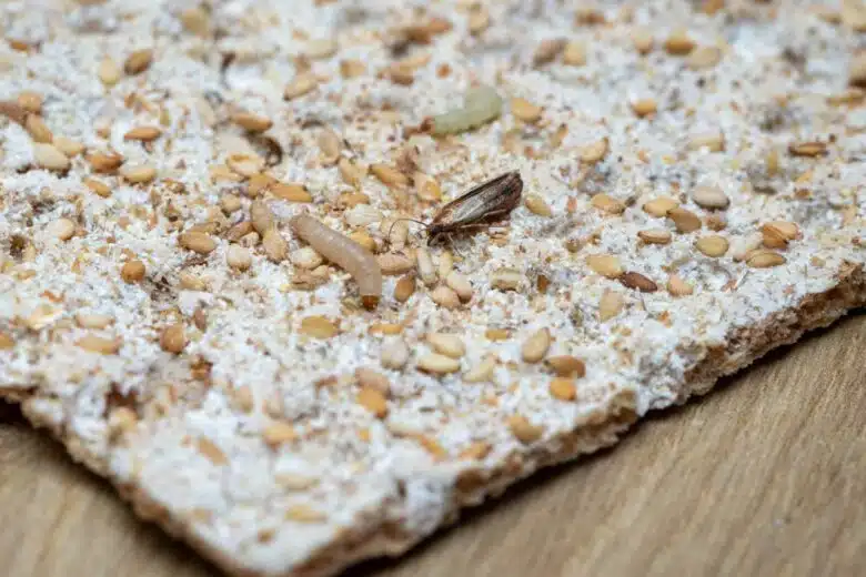 Mite alimentaire et larves sur des aliments secs.
