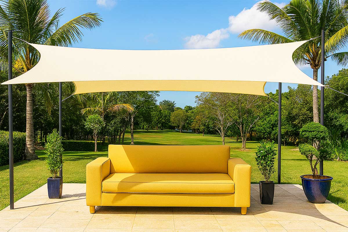 Une terrasse avec un voilage d'ombrage.