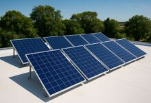 Une toiture peinte en blanc accueille des panneaux solaires.