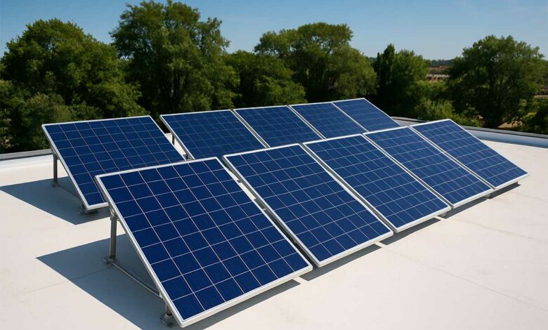 Une toiture peinte en blanc accueille des panneaux solaires.