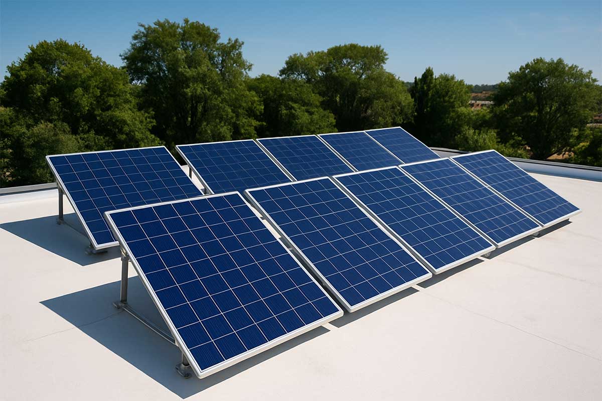 Une toiture peinte en blanc accueille des panneaux solaires.