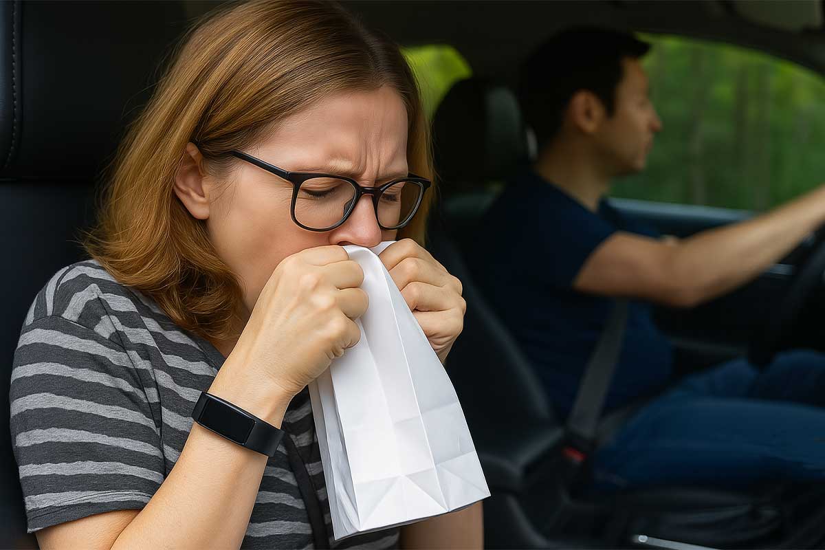 Une femme malade en voiture.