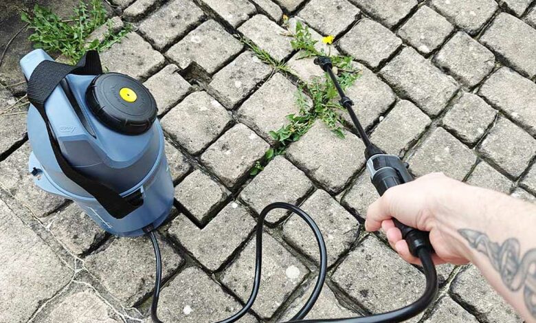 Une personne utilise un pulvérisateur pour désherber.
