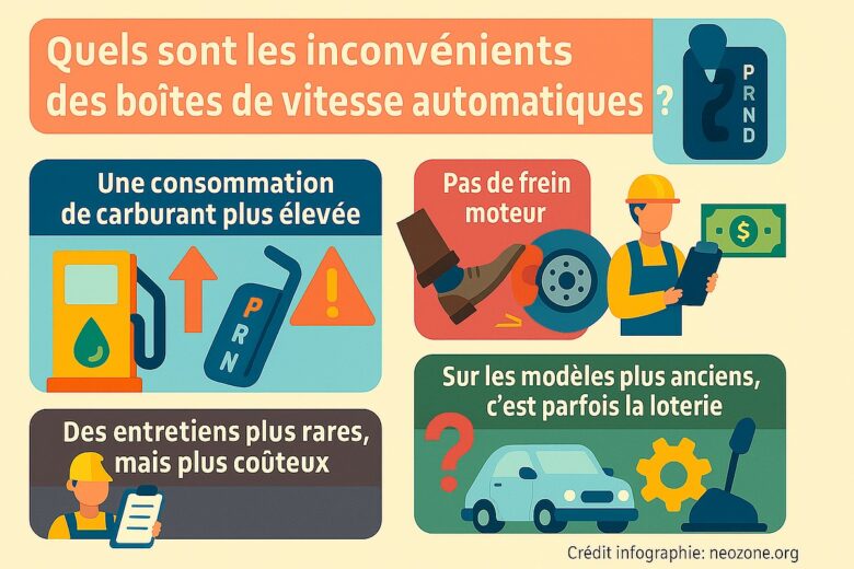 Infographie : les inconvénients des boîtes de vitesse automatiques (BVA).