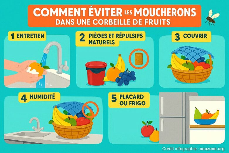Infographie : comment éviter les moucherons dans une corbeille à fruits.