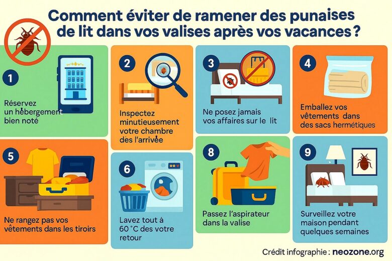Infographie : les astuces pour éviter les punaises de lit au retour de vacances.