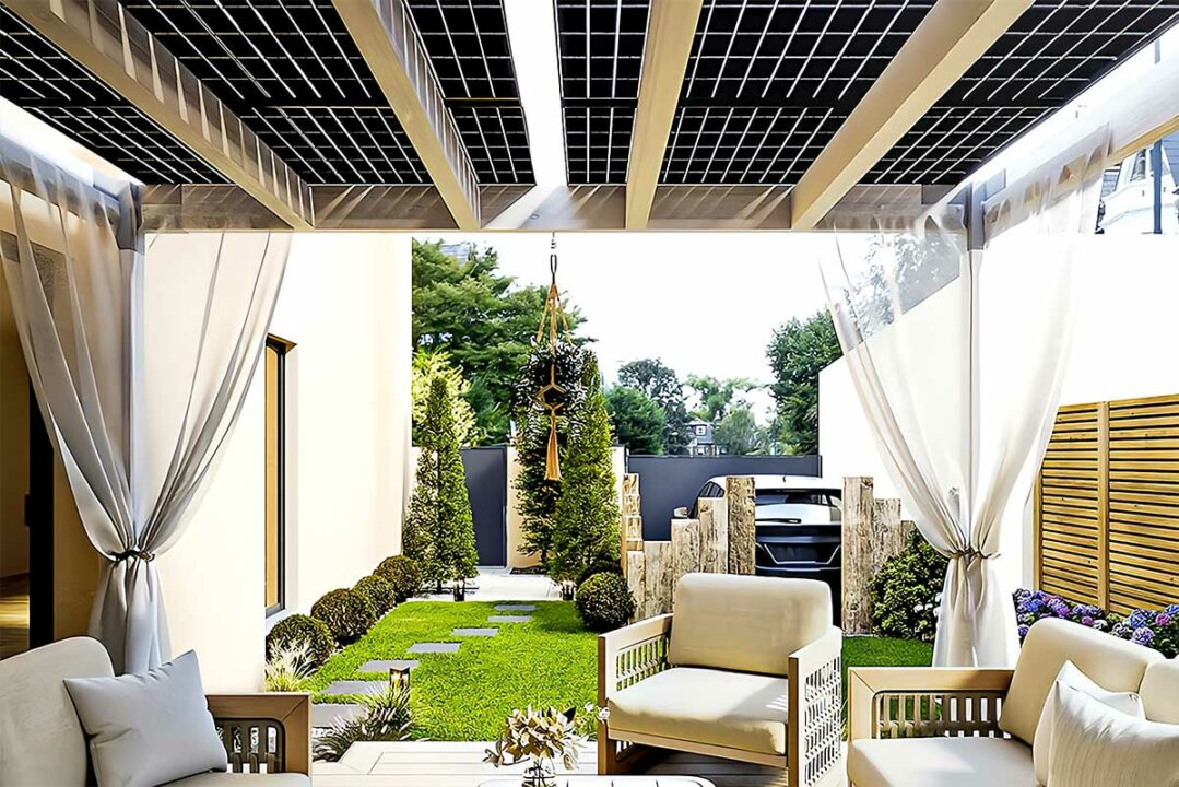 Une pergola solaire installée sur la terrasse.