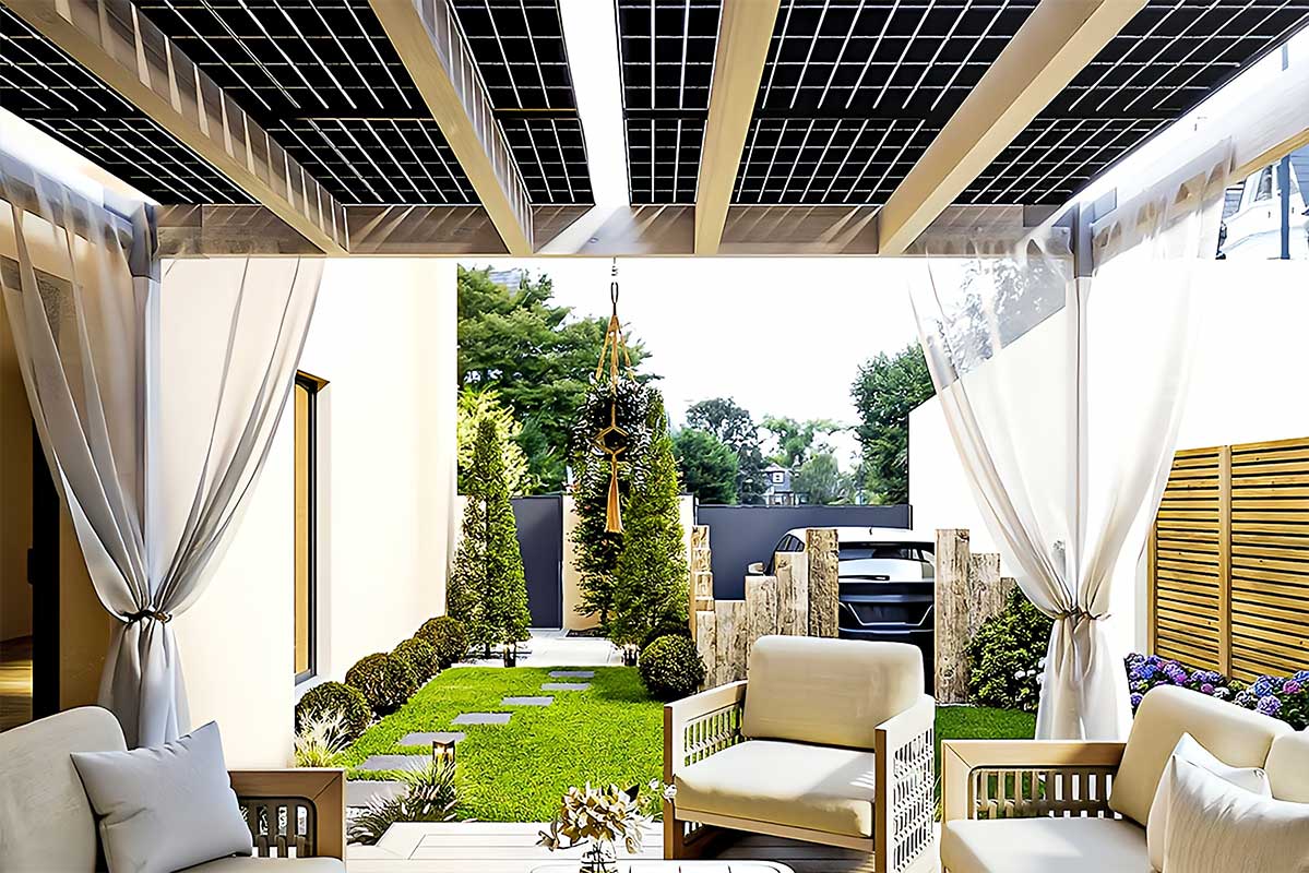 Une pergola solaire installée sur la terrasse.