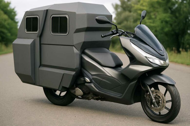 Un scooter avec une cabine pour le couchage.