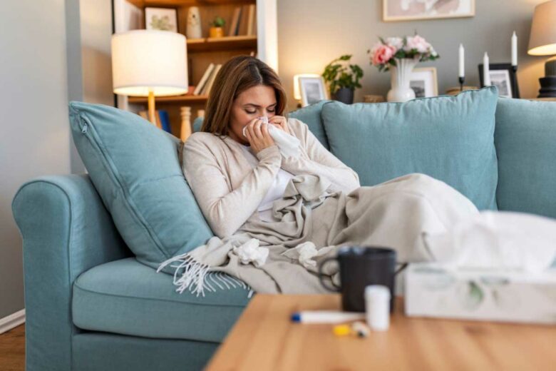 Une personne malade dans son canapé.