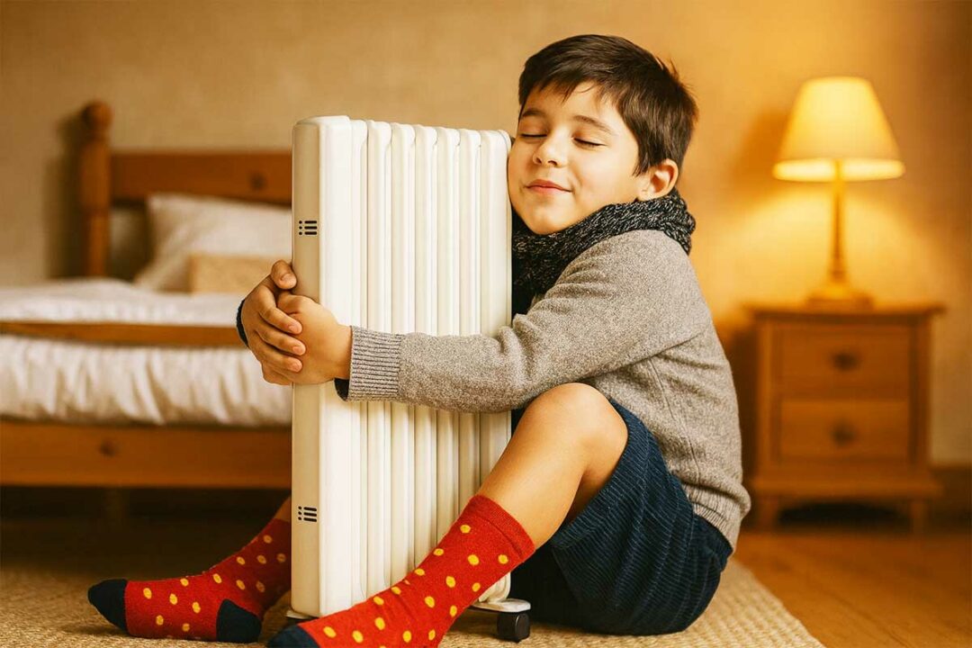 Un enfant fait un câlin à son chauffage d'appoint.