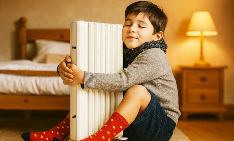 Un enfant fait un câlin à son chauffage d'appoint.