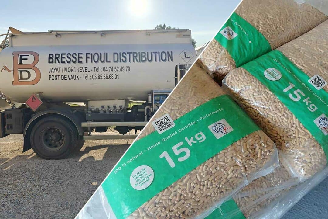 Un camion de livraison de fioul et une palette de pellets.