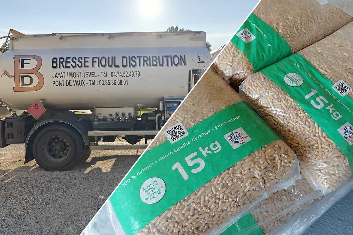 Un camion de livraison de fioul et une palette de pellets.