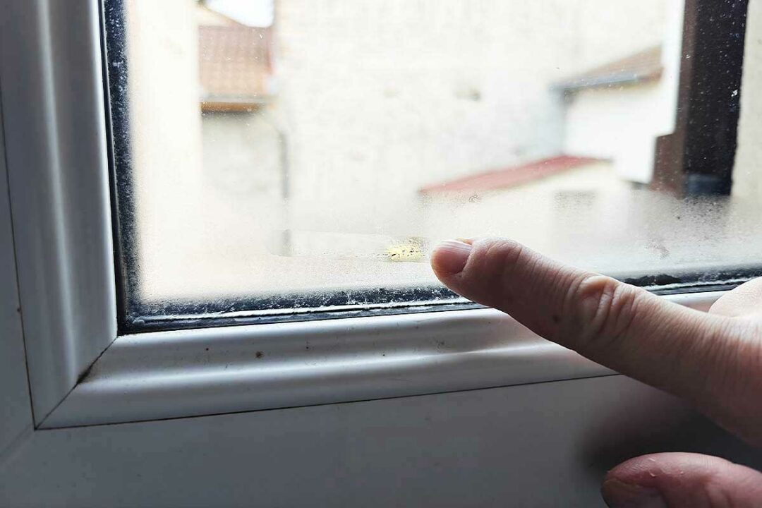 Un doigt constate l'humidité sur une fenêtre.