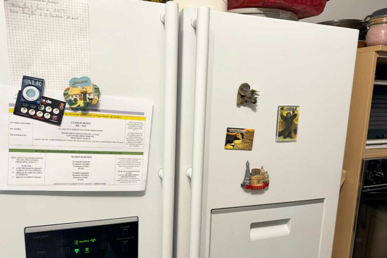 Des magnets sur un frigo.