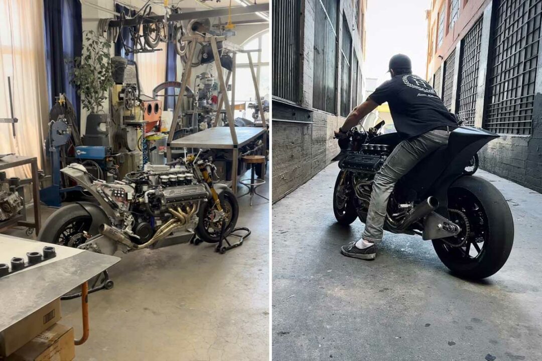 Une moto dotée d'un moteur de Ferrari.