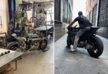 Une moto dotée d'un moteur de Ferrari.