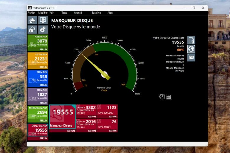 Le benchmark (PerformanceTest 11.1) avec PassmMark.