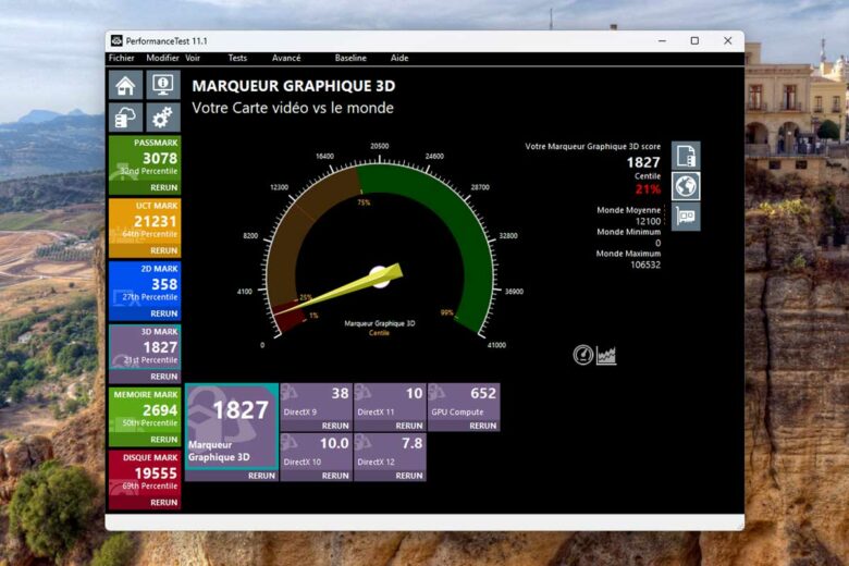 Le benchmark du marqueur graphique (PerformanceTest 11.1) avec PassMark. Crédit photo : Alexandre Bonazzi pour NeozOne