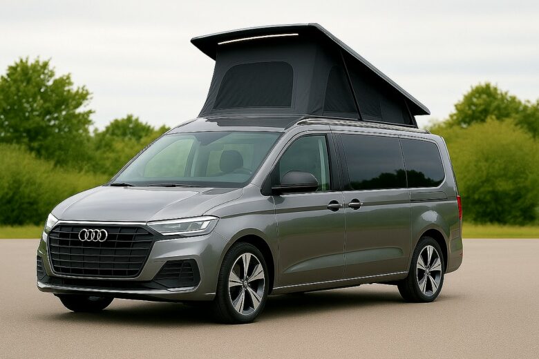 Audi Van Concept – vue extérieureLe van aménagé Audi avec son toit relevable électrique, mariant élégance et praticité.