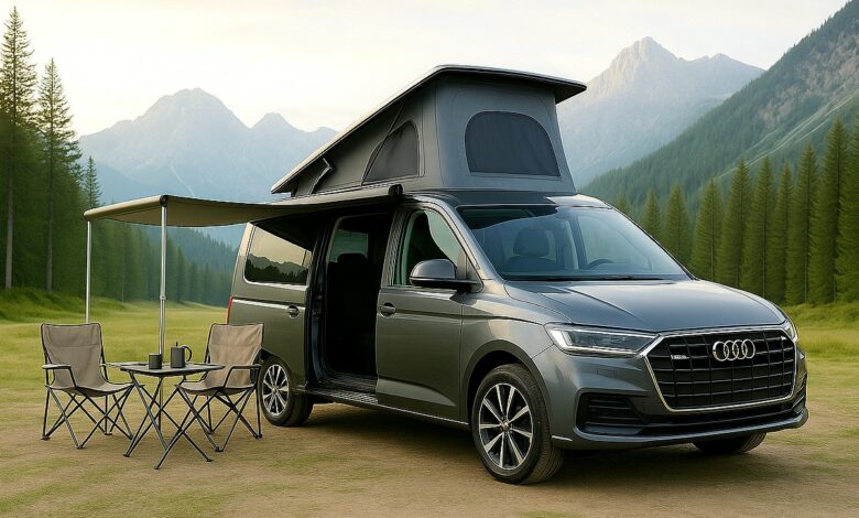 Audi Vanlife en pleine nature Stationné face aux montagnes, l’Audi Van Concept déploie son auvent pour une pause confort au grand air.
