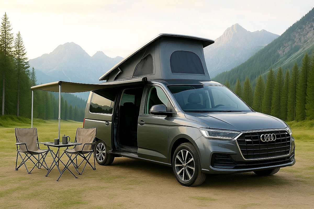 Audi Vanlife en pleine nature Stationné face aux montagnes, l’Audi Van Concept déploie son auvent pour une pause confort au grand air.