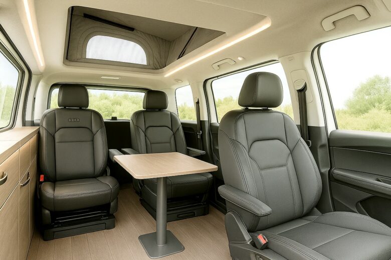 Un salon roulant haut de gamme. À l’intérieur, sièges cuir pivotants et table centrale composent une véritable suite mobile signée Audi.