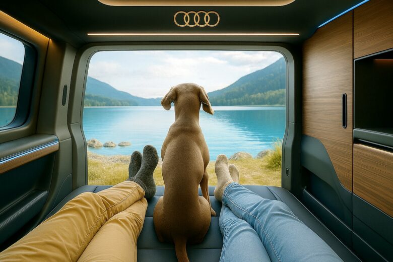 Confortablement installés à l’arrière, un couple et leur chien profitent d’un panorama turquoise depuis leur Audi Van.