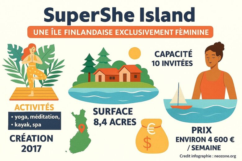 Infographie : SuperShe Island, une île finlandaise exclusivement féminine et ses secrets bien-être.