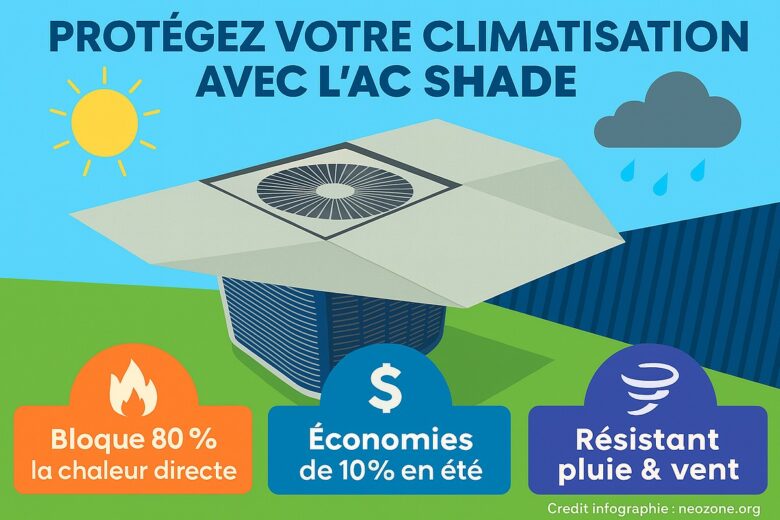 Infographie : les atouts de l’AC Shade pour protéger votre climatisation du soleil, réduire vos factures et résister aux intempéries.