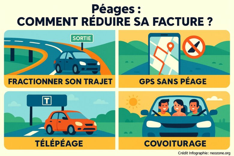 Infographie : 4 astuces simples et efficaces pour réduire le coût des péages autoroutiers et économiser sur vos trajets en voiture.