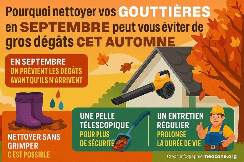 Infographie : pourquoi nettoyer vos gouttières en septembre peut vous éviter de gros dégâts cet automne, avec conseils et outils pratiques.