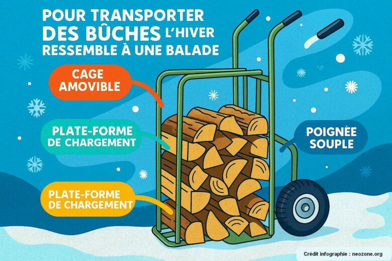 Infographie : les atouts du chariot à bois Toolland pour transporter vos bûches facilement et sans effort, même en plein hiver.
