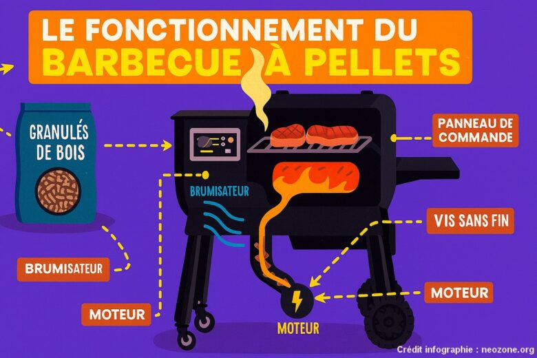 Infographie : le Brisk It Zelos 450, un barbecue à pellets intelligent qui ajuste la cuisson et crée des recettes grâce à l’IA Vera 2.0.