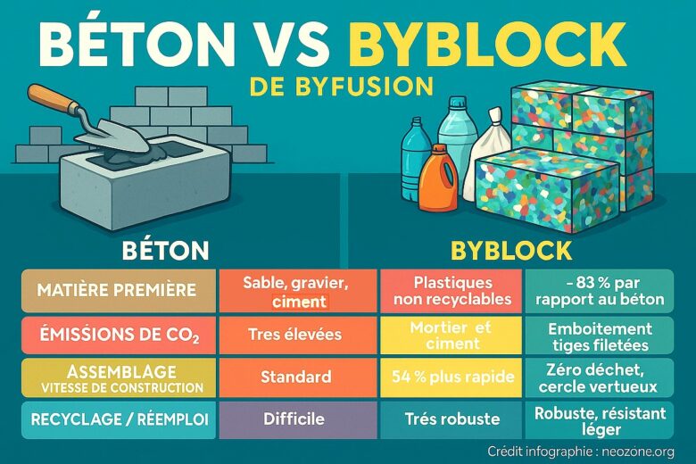 Infographie : comparaison entre le béton classique et le ByBlock de ByFusion, un bloc écologique conçu à partir de plastiques non recyclables.