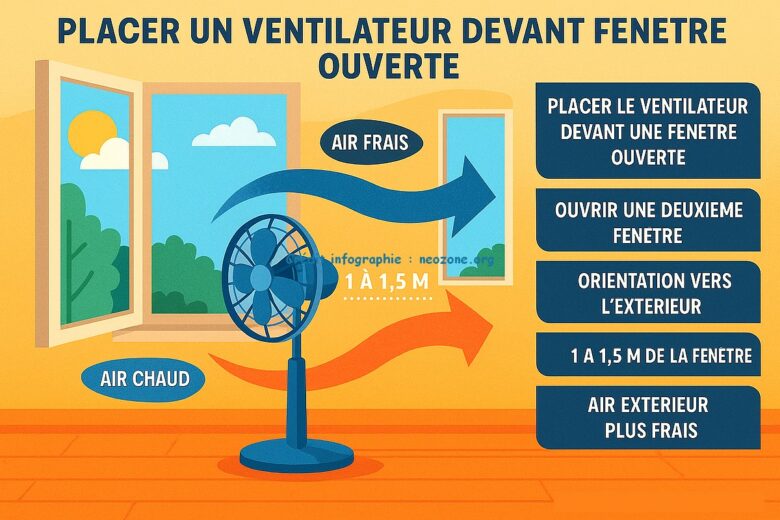 Infographie : conseils pratiques pour placer un ventilateur devant une fenêtre et optimiser le renouvellement d’air frais dans une pièce.