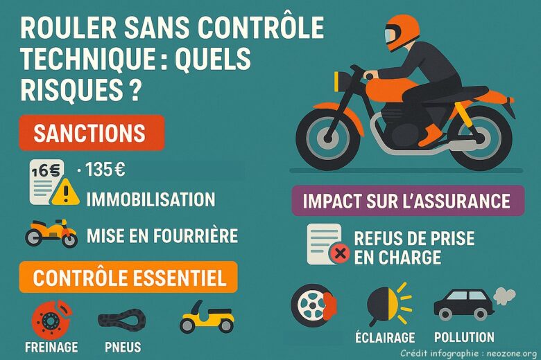 Infographie : sanctions, impacts sur l’assurance et points de contrôle essentiels à connaître pour éviter de rouler sans contrôle technique moto.