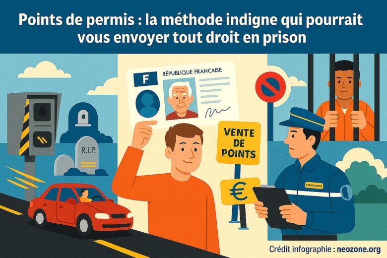 Infographie : sanctions et risques encourus lorsqu’on désigne un proche décédé pour éviter un retrait de points de permis.