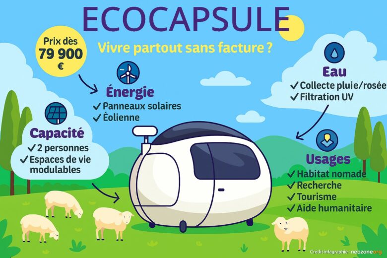 Infographie : Ecocapsule, l’habitat mobile et autonome qui produit sa propre énergie et son eau pour vivre partout sans facture