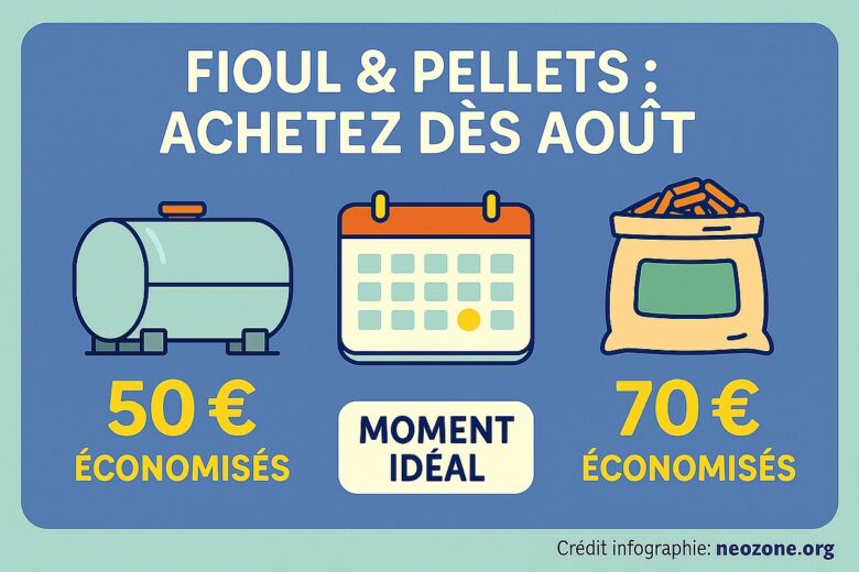 Infographie : économies possibles en achetant fioul et pellets dès août pour préparer l’hiver au meilleur prix.
