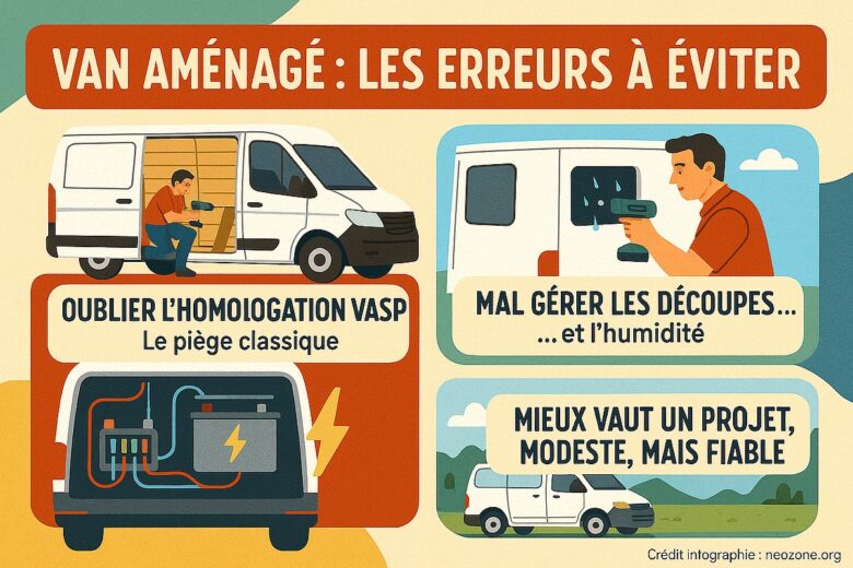 Infographie : erreurs courantes à éviter lorsqu’on aménage soi-même un van pour voyager sereinement et sans mauvaises surprises.