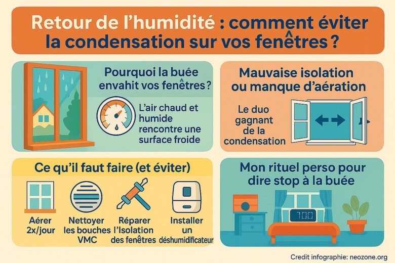 Infographie : astuces simples pour éviter la condensation sur vos fenêtres et dire adieu à la buée cet hiver.