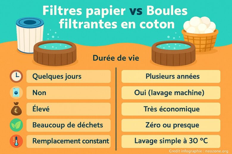 Infographie : comparaison entre filtres papier et boules filtrantes en coton pour spa, avantages économiques, écologiques et pratiques à long terme.