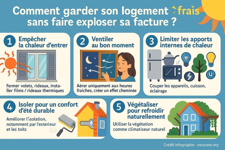 Infographie : 5 astuces simples et efficaces pour garder son logement frais sans faire exploser sa facture d’électricité.