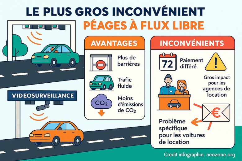 Infographie : avantages et inconvénients majeurs des péages à flux libre, entre confort de conduite et risque d’amende en cas d’oubli de paiement.