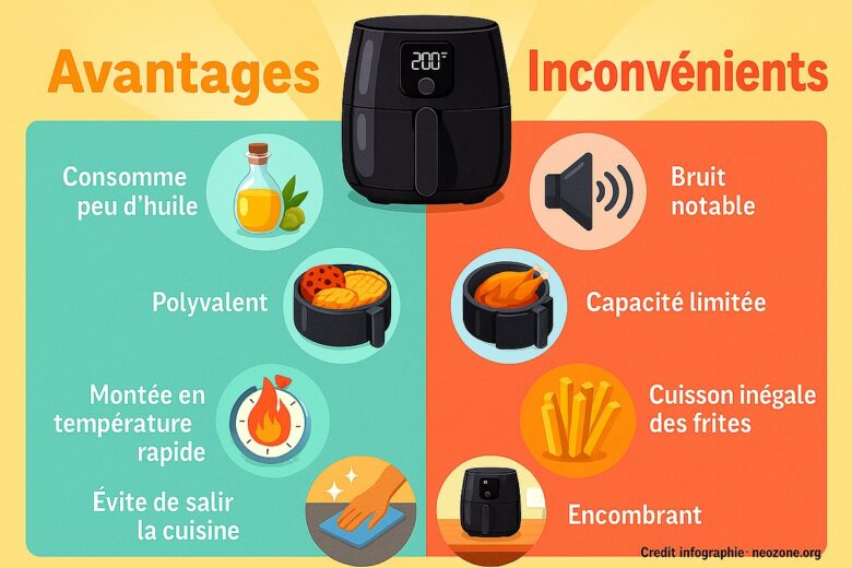 Infographie : avantages et inconvénients à connaître avant d’acheter une friteuse à air chaud (airfryer).