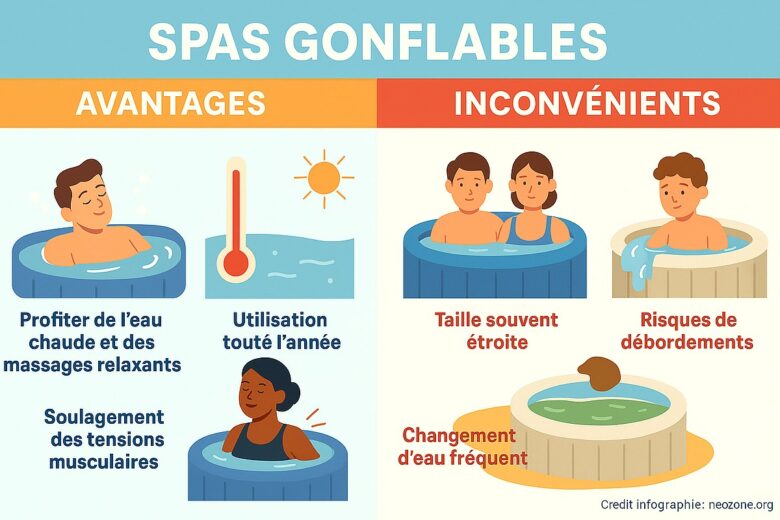 Infographie : avantages et inconvénients des spas gonflables, entre détente à l’eau chaude et contraintes d’entretien au quotidien.
